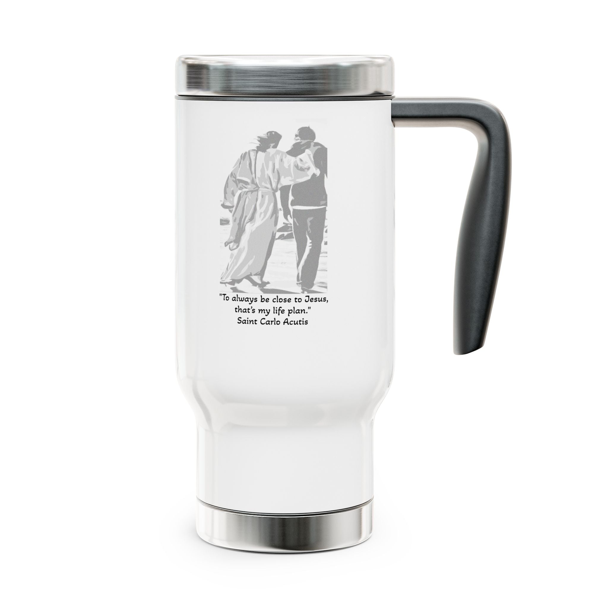 Stainless Steel Travel Mug with Handle, 14oz - Honor the life of Blessed Carlo Acutis